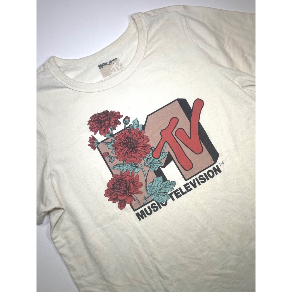 MTV Music Television Floral Graphic T-Shirt Cream XL Retro 80s 90s Vibe